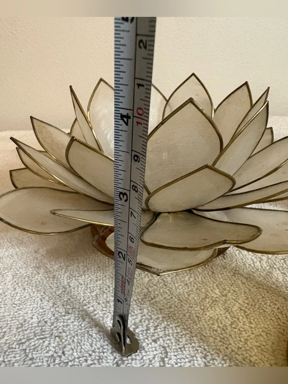 PAIR VINTAGE CAPIZ SHELL LOTUS STYLE BRASS ACCENT EDGE VOTIVE CANDLE HOLDER